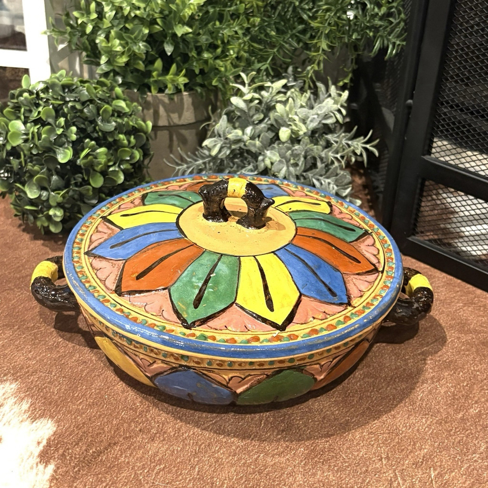 Vintage Mexican Tlaquepaque Pottery 2 Handle Covered Casserole Dish Multicolor